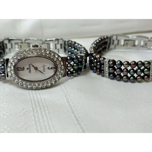 Croton Women\'s Mother of Pearl Watch & Bracelet Set Crystal Halo Tahitian Pearl